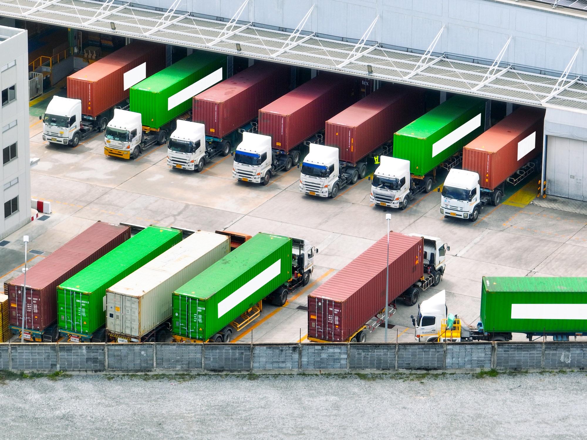 Aerial view of trucks at loading dock
